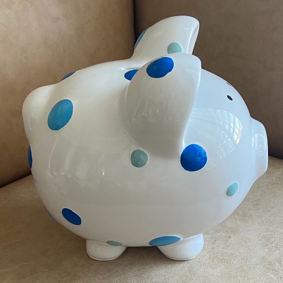 Child To Cherish White/Blue Polka Dots Ceramic Piggy Bank Baby Gift Nursery - Picture 3 of 6